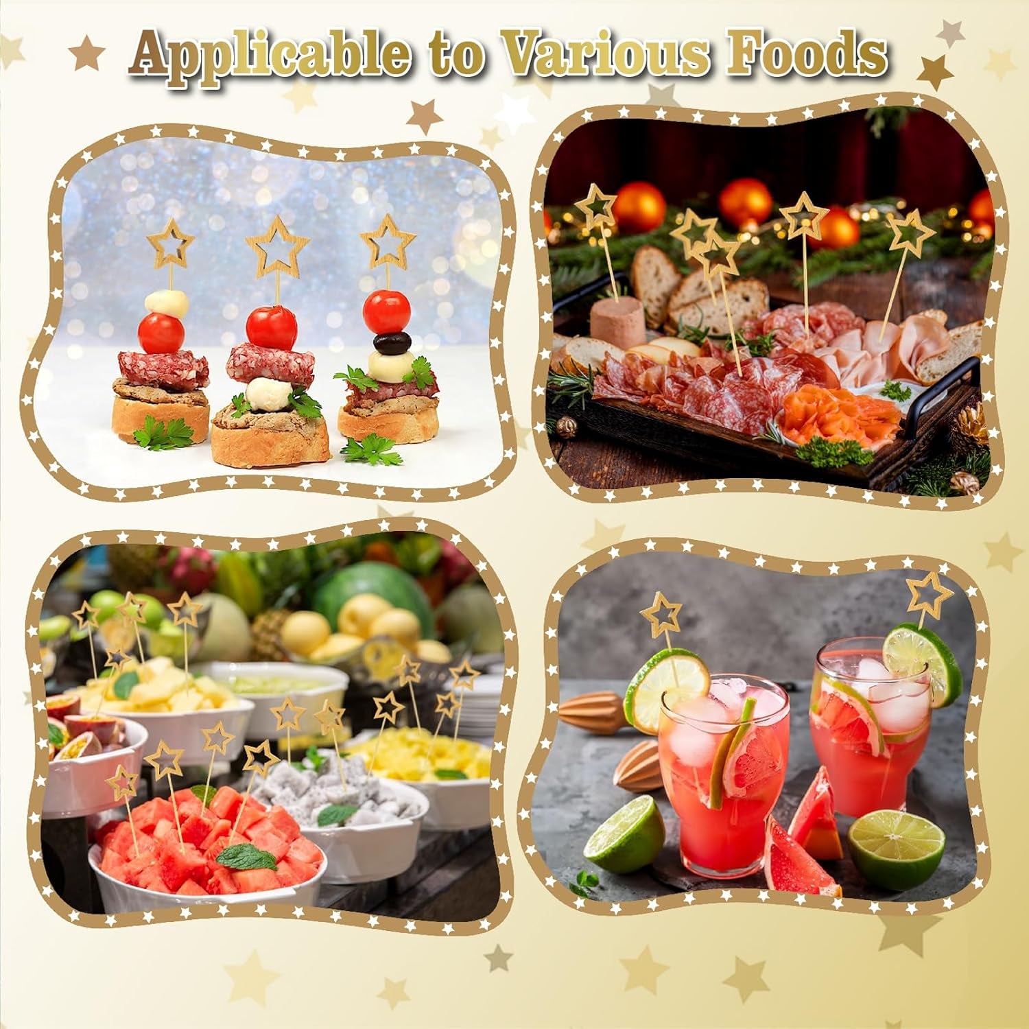 100PCS Gold Star Cocktail Picks, Decorative Fancy Toothpicks for Appetizers, 5.6 in Long Bamboo Skewers Wood Food Sticks for Drinks Fruit Garnish Holiday Party Supplies Charcuterie Boards Accessories