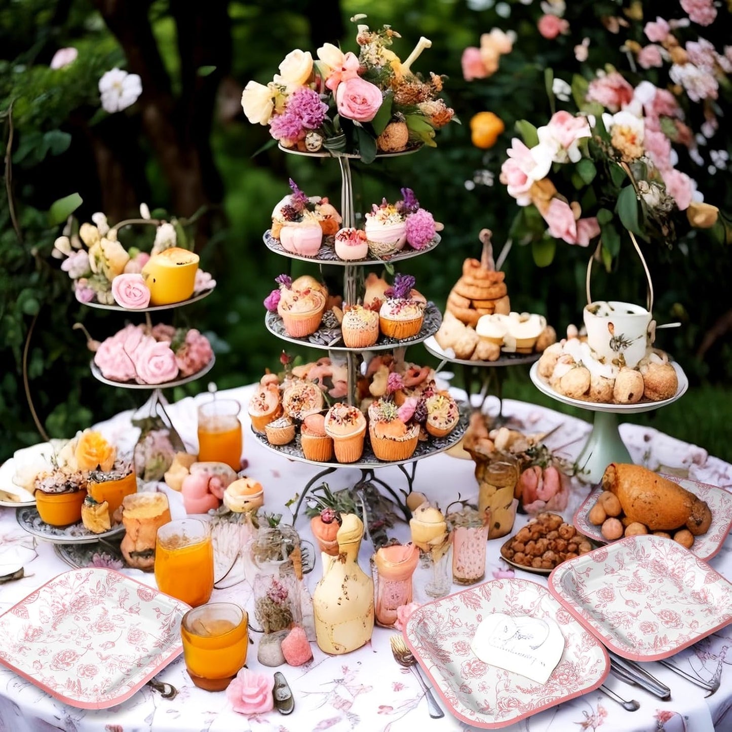 100-Piece Floral Disposable Paper Plate Set - 9-Inch Dinner Plates and 7-Inch Square Dessert Plates for Birthday, Wedding, and Baby Shower Celebrations (Pink, Floral Design)