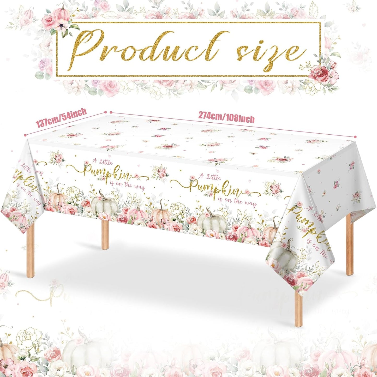 3Pcs 108X54Inch a Little Pumpkin Is on the Way Plastic Tablecloths, Floral Baby Girl Shower Tablecloth, Disposable Table Cover for Fall Baby Shower Gender Reveal Party Decorations
