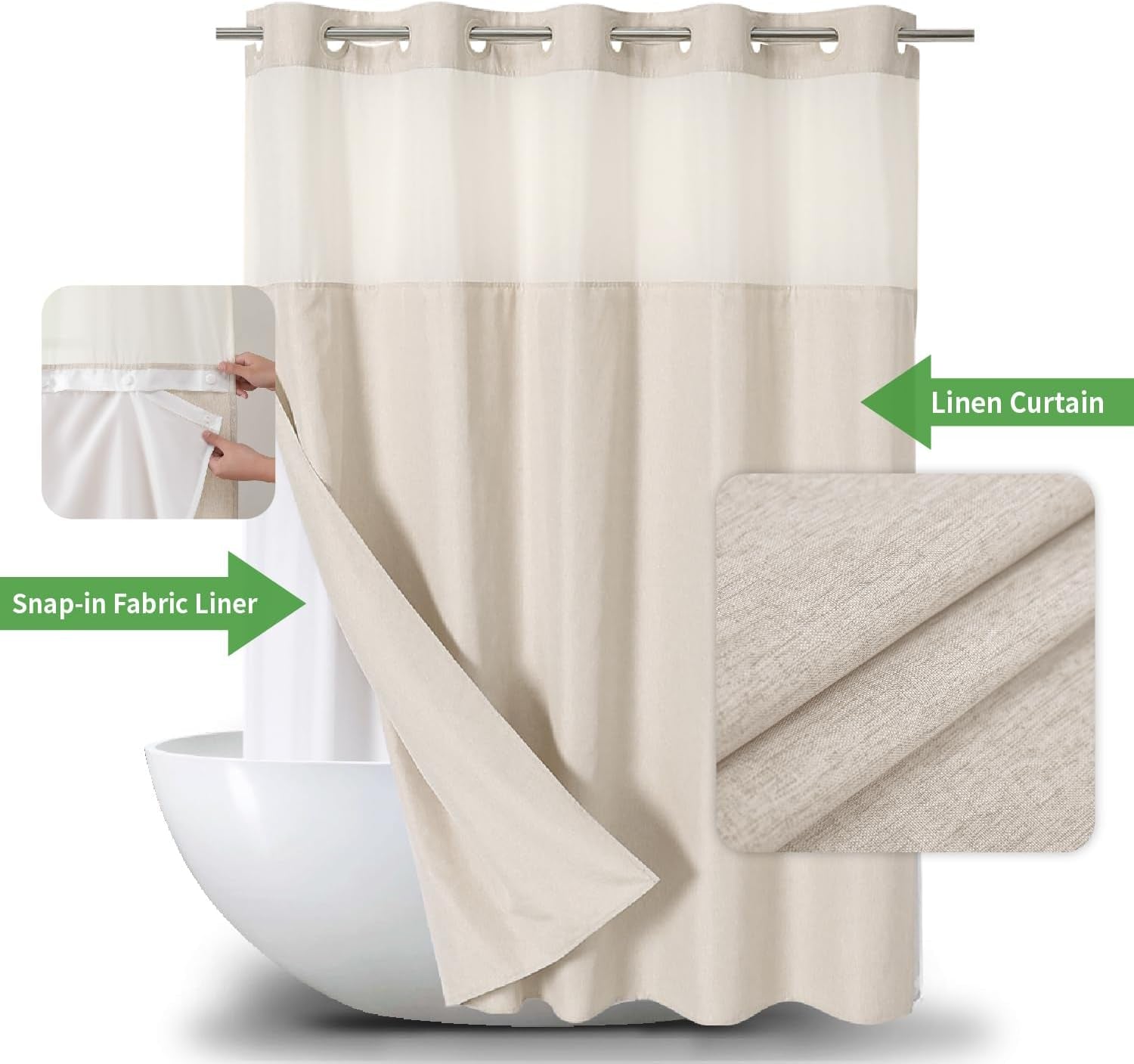 No Hooks Polyester Textured Shower Curtain with Snap-In Fabric Liner Set, Hotel Luxury Decor Shower Curtains for Bathroom with See through Top Window, Waterproof & Washable, 71Wx74H, Cream
