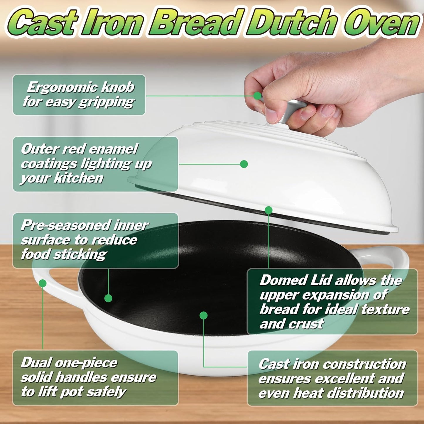Dutch Oven for Bread Baking, 5.5 Quart Enameled Cast Iron Bread Oven with Lid, round Bread Pan for Homemade Sourdough Baking, Easy to Clean & Dome Lid, White