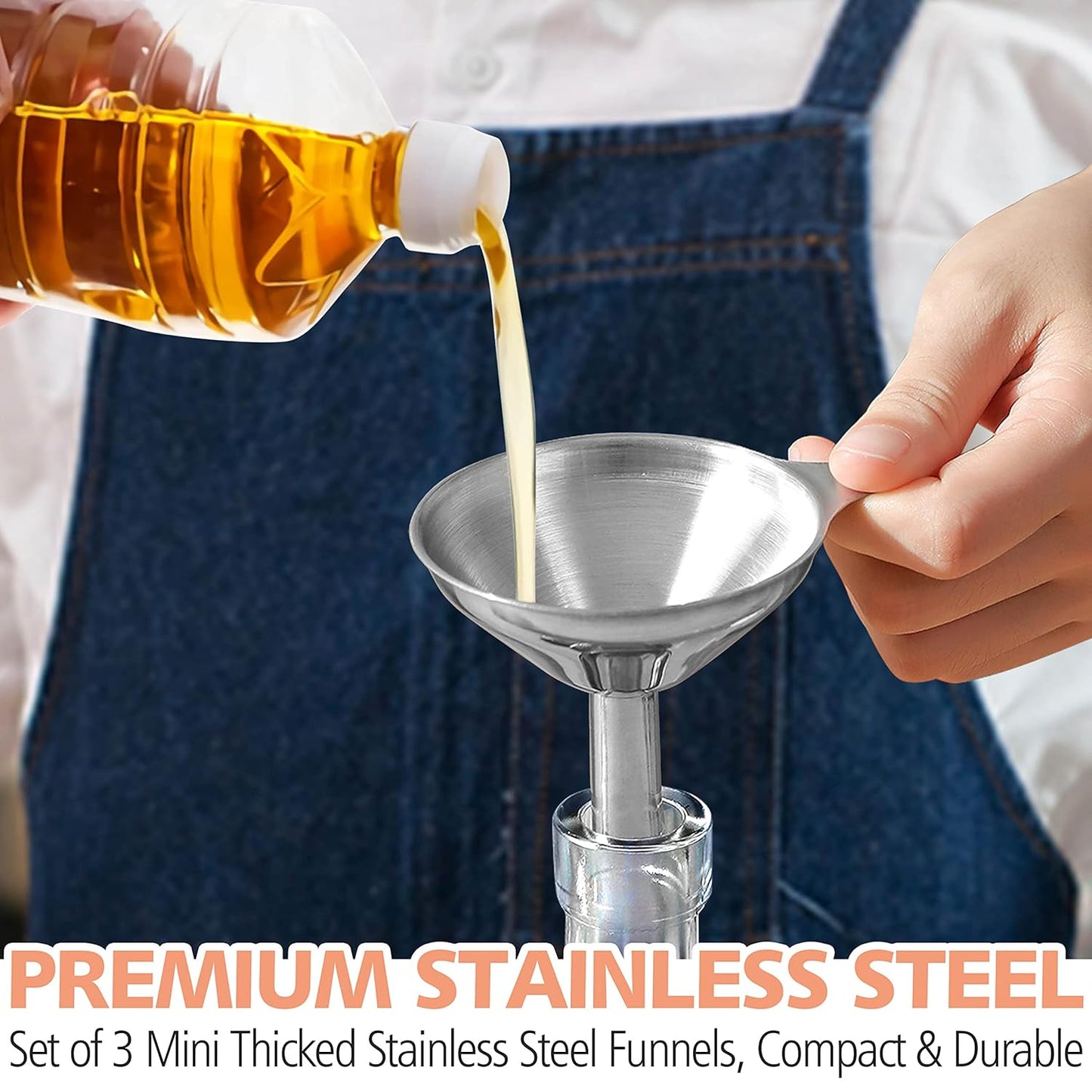 Stainless Steel Mini Kitchen Funnel Set, 3 Pack Durable Metal Filling Funnels for Transferring Liquid, Dry Ingredients, Cosmetic Lotion, Fluid, Spices, Powder - Food-Grade & High Heat Resistant