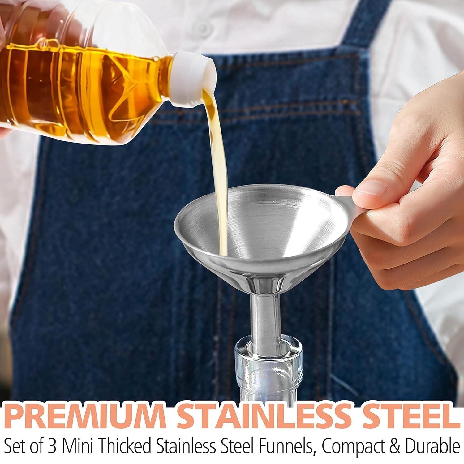 Stainless Steel Mini Kitchen Funnel Set, 3 Pack Durable Metal Filling Funnels for Transferring Liquid, Dry Ingredients, Cosmetic Lotion, Fluid, Spices, Powder - Food-Grade & High Heat Resistant