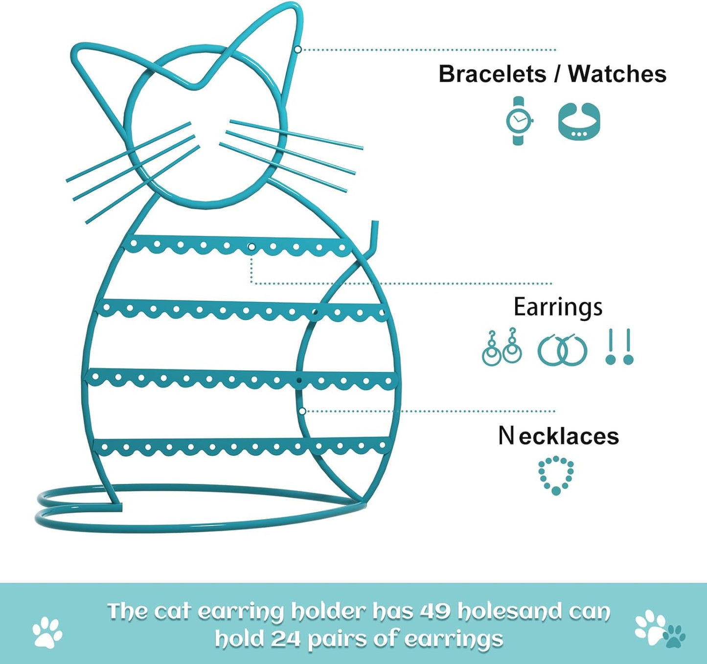 Jewelry Organizer Stand Cat Shaped Earring Holder Organizer Metal 48 Stud Earring Holes Jewelry Holder, Metal Jewelry Display Vanity Organizer for Girls - Blue