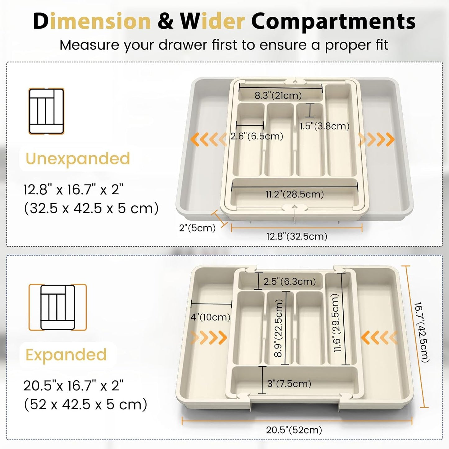 Premium Expandable Silverware Organizer for Kitchen Drawers - BPA-Free Thick Plastic with Wider Compartments and Non-Skid Feet for Cutlery, Flatware, and Utensils