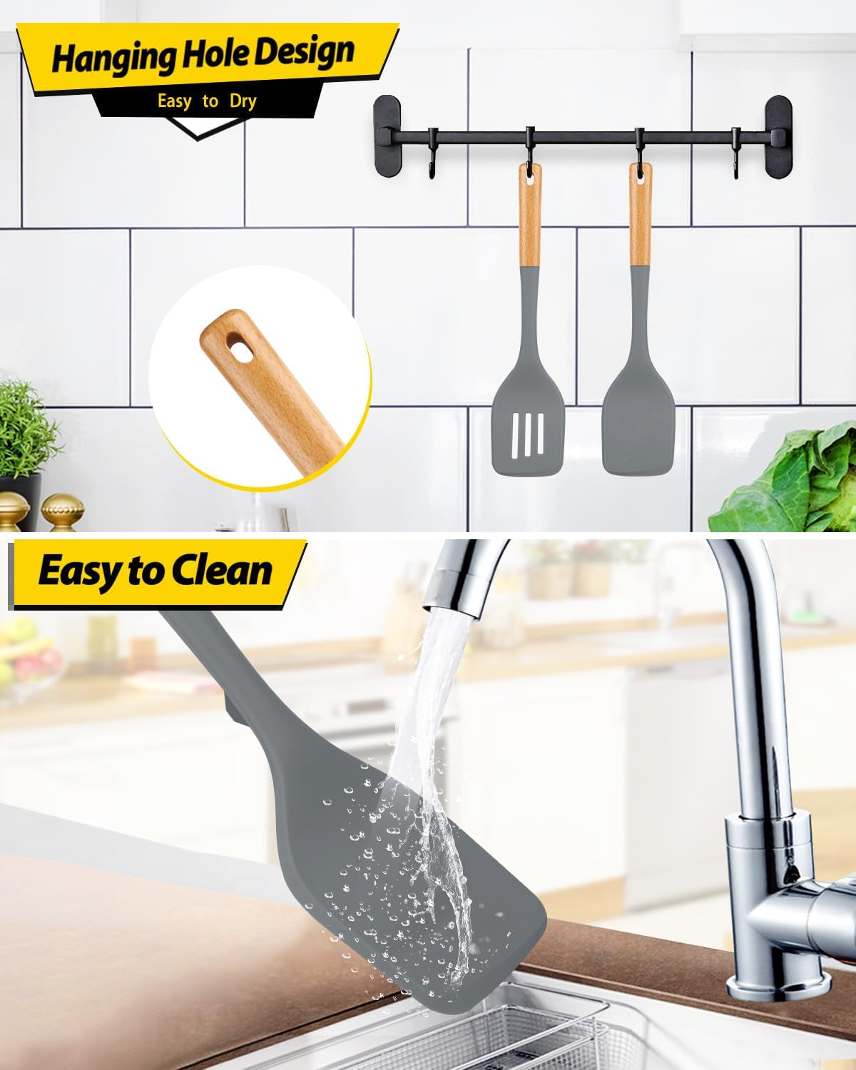 Pack of 2 Large Silicone Spatula, Heat Resistant Solid Turner, Non Stick Slotted Spatulas with Wooden Handle, Ideal Kitchen Utensils for Flipping, Pancakes, Eggs, Fish(Gray)