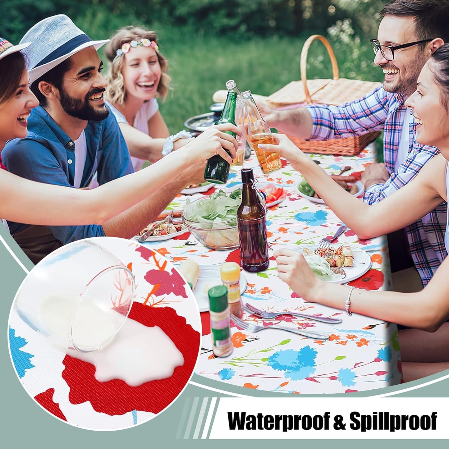 Rectangle Waterproof Vinyl Table Cloth, Wipeable Tablecloth with Flannel Backing, Plastic Table Cover for Dinner, Picnic, Indoor and Outdoor (Flowers, 60" X 84")