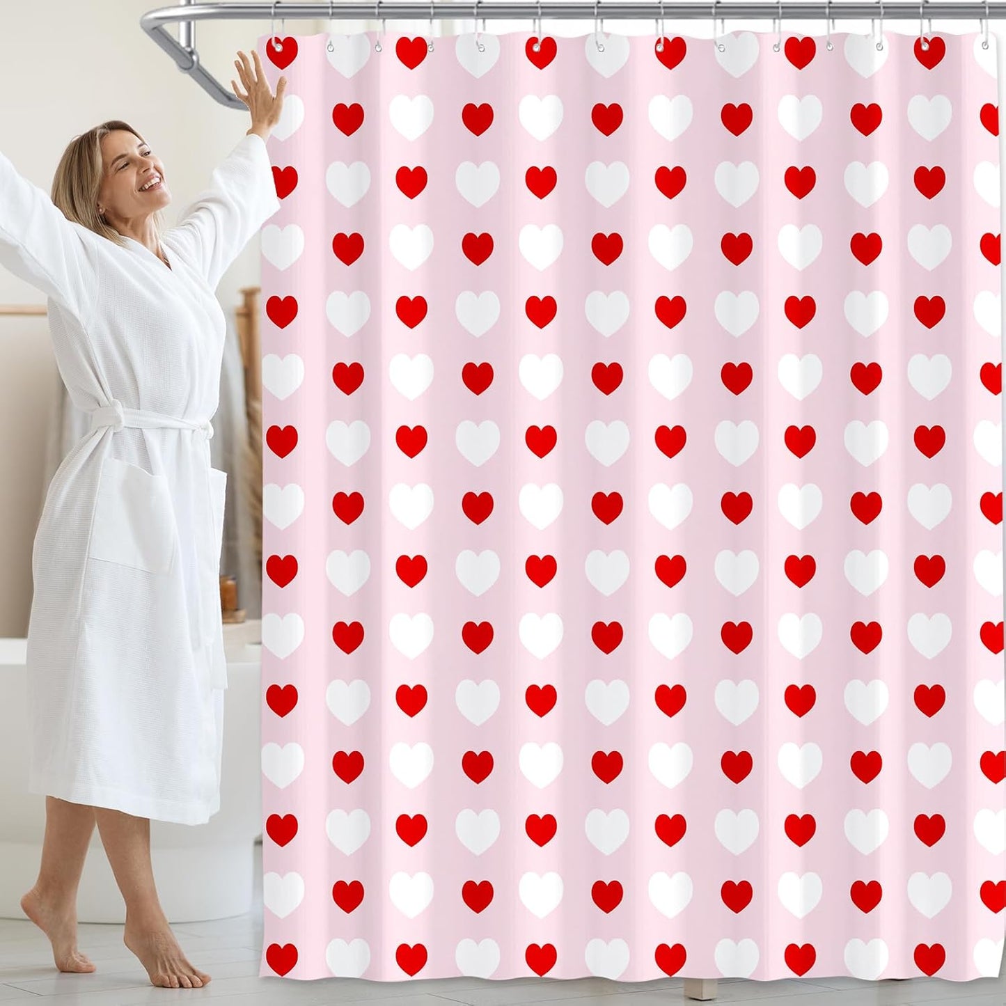 71 X 71 Inches Valentines Shower Curtain Red and White Love Heart Theme Romantic Bathroom Curtain Waterproof Polyester Curtain with Hooks Set for Valentine'S Bathroom Decorations