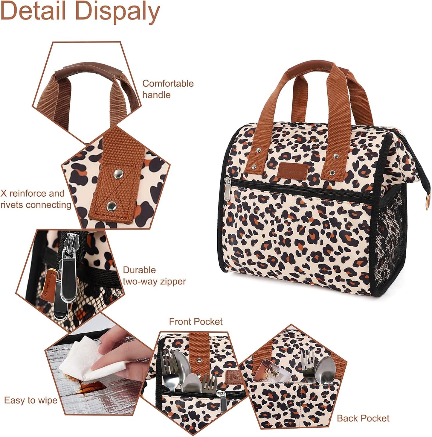 Leopard Lunch Bag Insulated Lunch Bags for Women Men and Kids Reusable & Wide-Open Lunch Tote Bag Portable Insulated Bag for Office, School and Picnic, (Beige with Leopard)