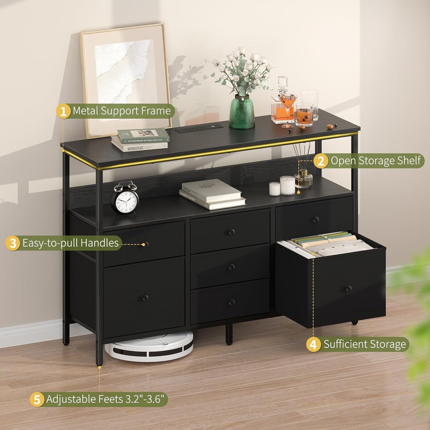 LED TV Stand for Bedroom, 50 Inch Kids Dresser with Power Outlets, 7 Drawers Entertainment Center with Storage Shelf, TV Stands Dresser for Bedroom, Living Room, TV Console Entertainment Stand