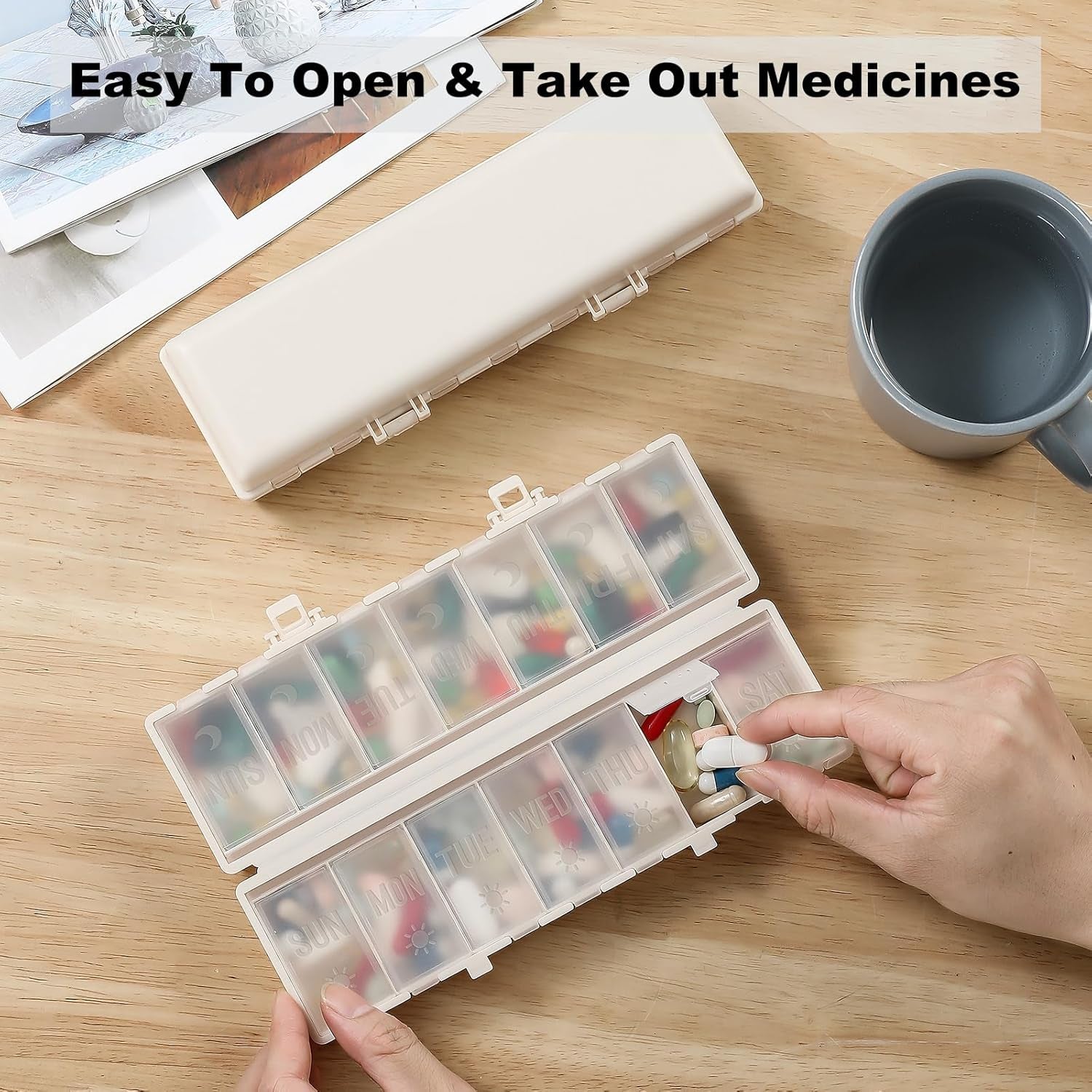 Foldable Pill Organizer 2 Times a Day W/Etched Labels -Dual Protection & Portable Weekly AM PM Pill Box, 7 Day Medicine Container, Large Travel Pill Case for Week Daily Supplement Vitamin - Khaki