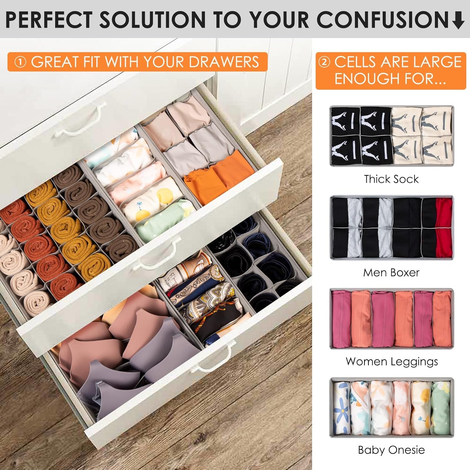 16 Pack Sock Underwear Drawer Organizer, 96 Cells Dresser Organizer for Baby Clothes, Foldable Fabric Closet Organization and Storage Dividers Bins for Nursery, Bedroom