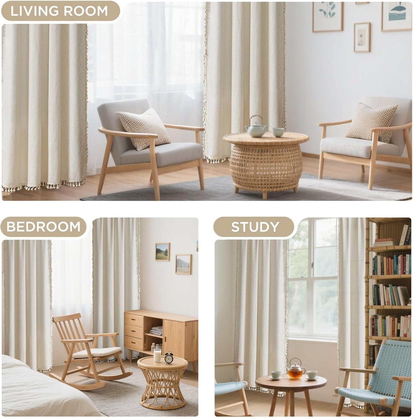 Beige Bohemian Curtains, 84-Inch Length, Set of 2 Panels, Soft Semi-Sheer Light Filtering Drapes with Tassels for Bedroom and Living Room (Rod Pocket, 52"W x 84"L)