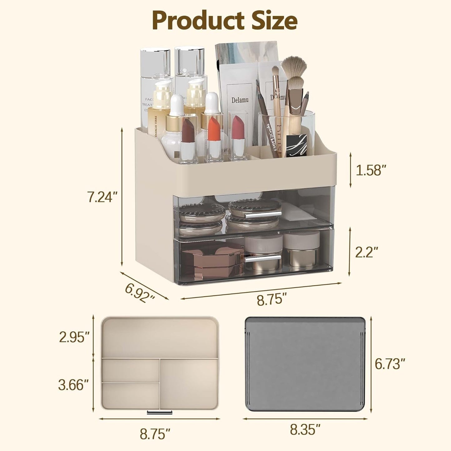 Makeup Organizer Countertop, 3-Tier Large Capacity Bathroom Counter Organizer with 2 Clear Drawers for Easy Access, Ideal for Makeup, Skincare, Lipsticks, Office Supplies, Present, Etc, Beige