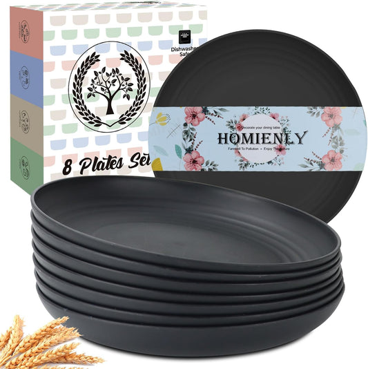 Wheat Straw Deep Dinner Set of 8 - Eco-Friendly, Microwave & Dishwasher Safe, Unbreakable Plates for Kids - Black, 9 Inch