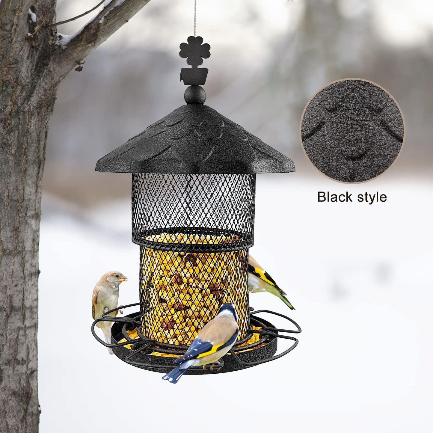 Metal Bird Feeder Tube Hanging Wild Bird Seed Feeder Squirrel Proof Birds Feeder for outside Decoration, Large Capacity Feeder for Outdoor Garden,Black