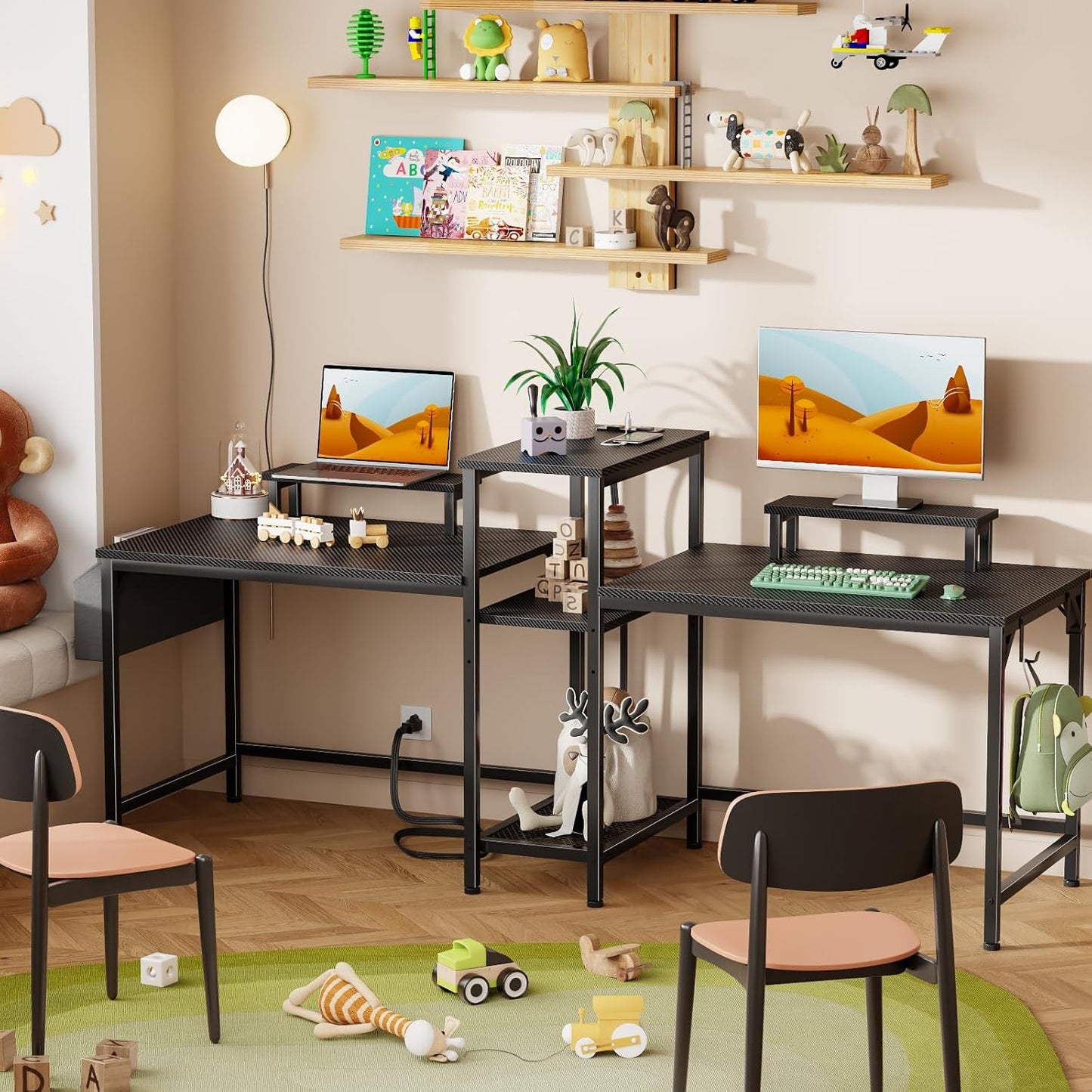 2 Person Gaming Desk with LED Lights, 71 Inch Computer Desk with Power Outlets and Monitor Stand, Double Desk with Storage Bag and Headphone Hooks, Study Writing Table for Home Office, Black