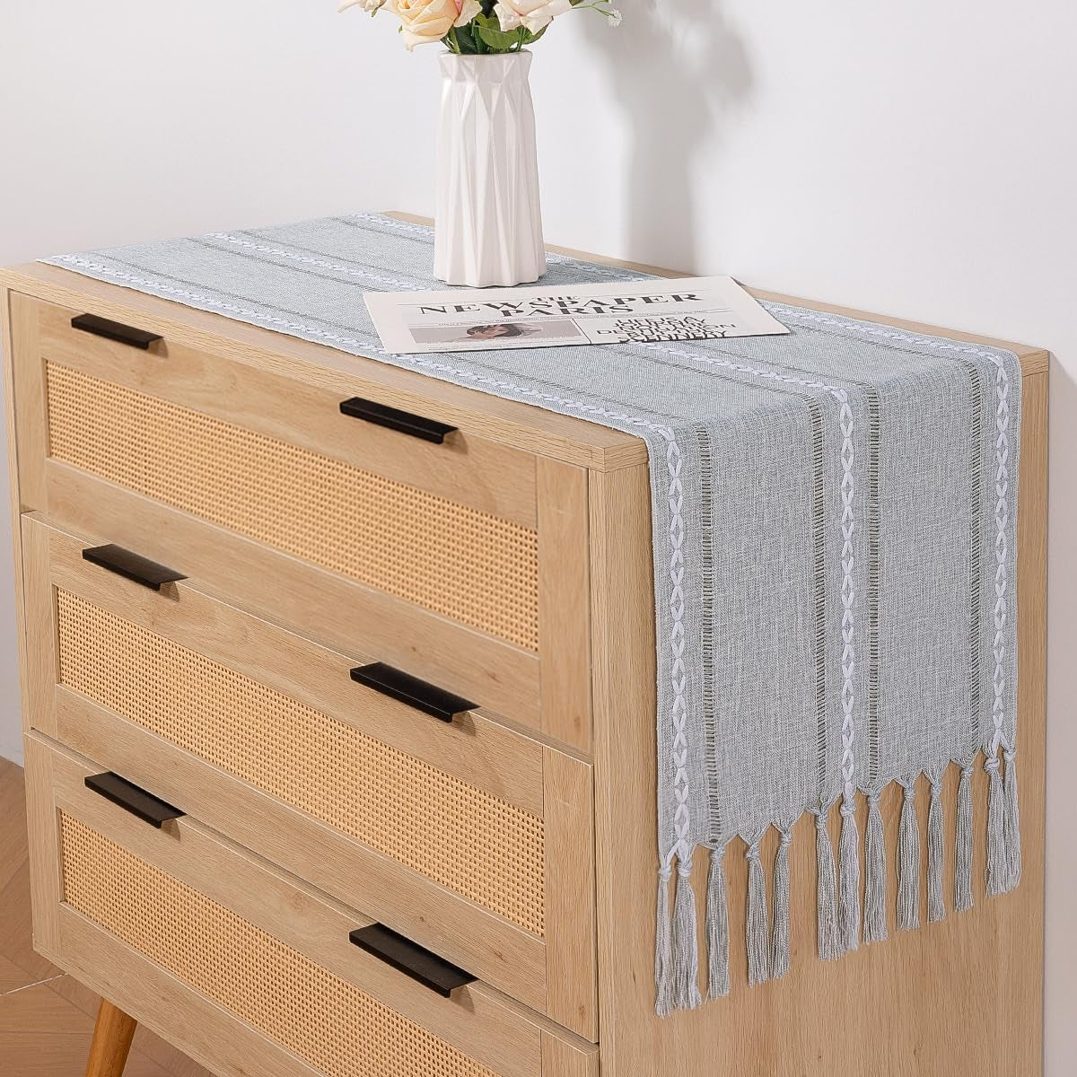 Farmhouse Table Runner 60 Inches - Macrame Woven Cotton Rustic Fall Thanksgiving Runner with Tassels for Boho Home Decor Living Dining Room - 13X60 Inches Silver