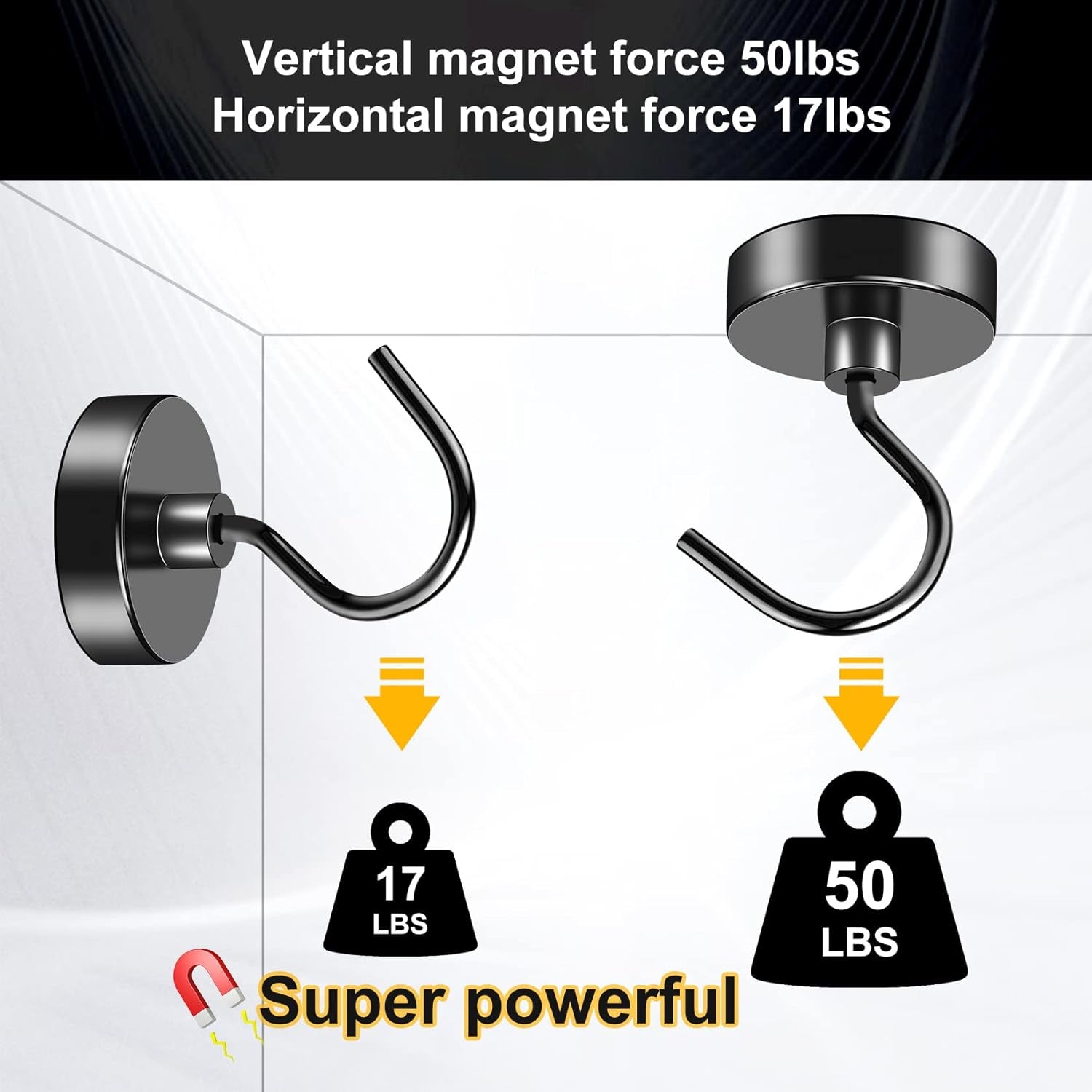 Heavy-Duty Magnetic Hooks - 12 Pack, 50LBS Capacity, Large Opening Neodymium Magnet Hooks for Versatile Hanging in Home, Office, and Workplace