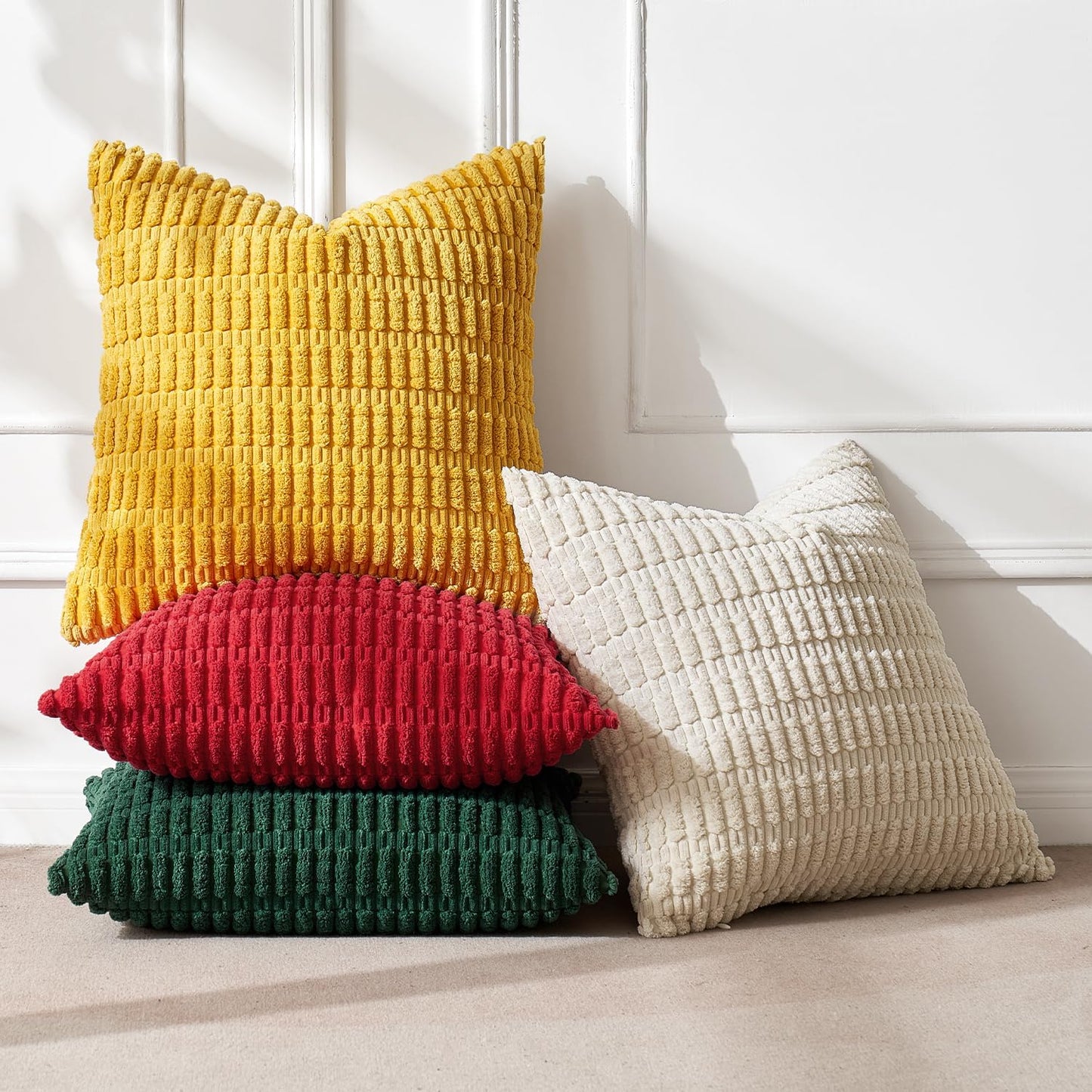 Pack of 4 Boho Farmhouse Dark Green and Yellow Corduroy Decorative Throw Pillow Covers 18X18 Inch Retro Soft Striped Pillow Covers Home Decor for Sofa Living Room Couch Bed
