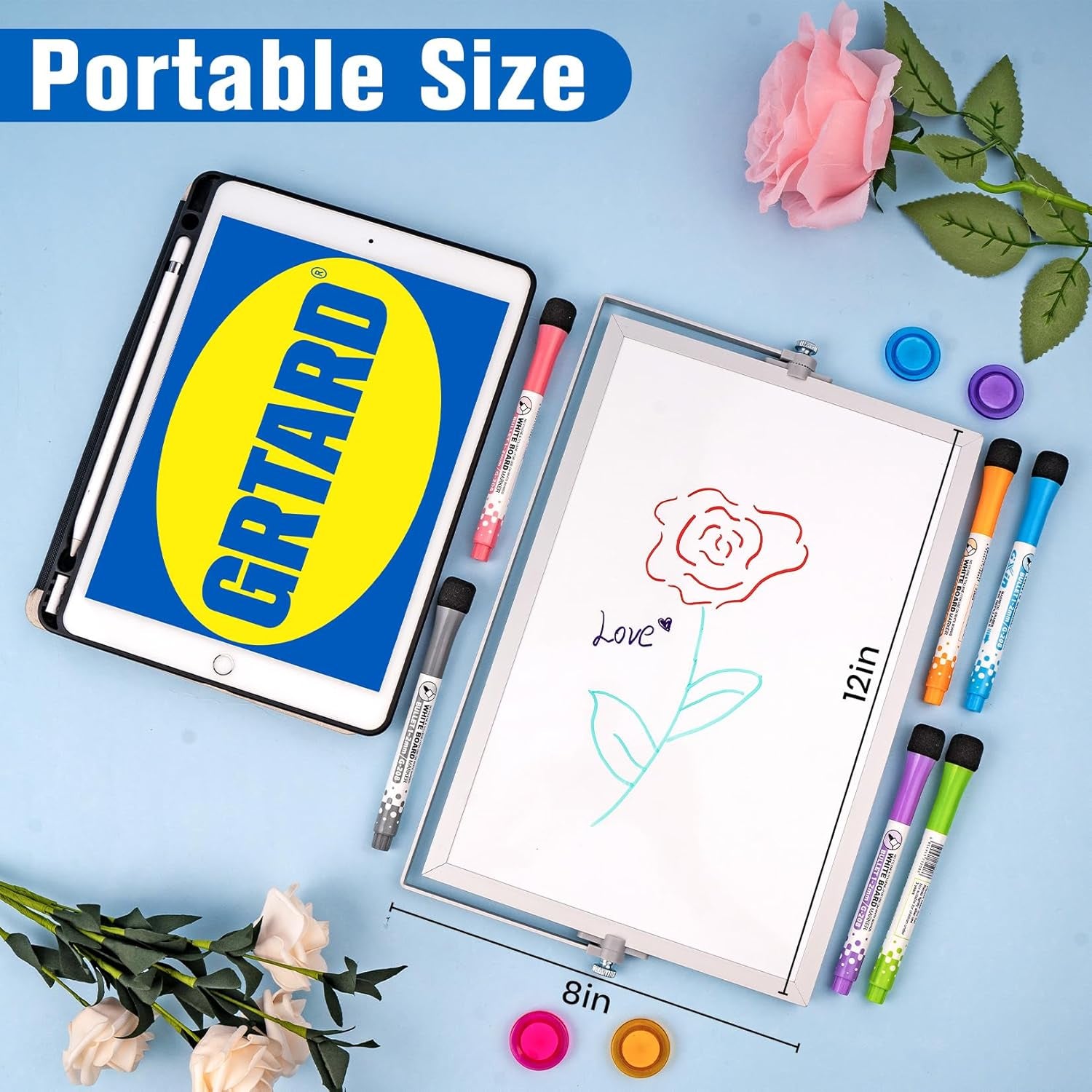 Magnetic Dry Erase White Board with Stand, 12''X8'' Double-Sided White Board for Kids, Desktop Whiteboard with Stand, Magnetic Whiteboard Portable, Dry Erase Board for Kids, Todo, Drawing