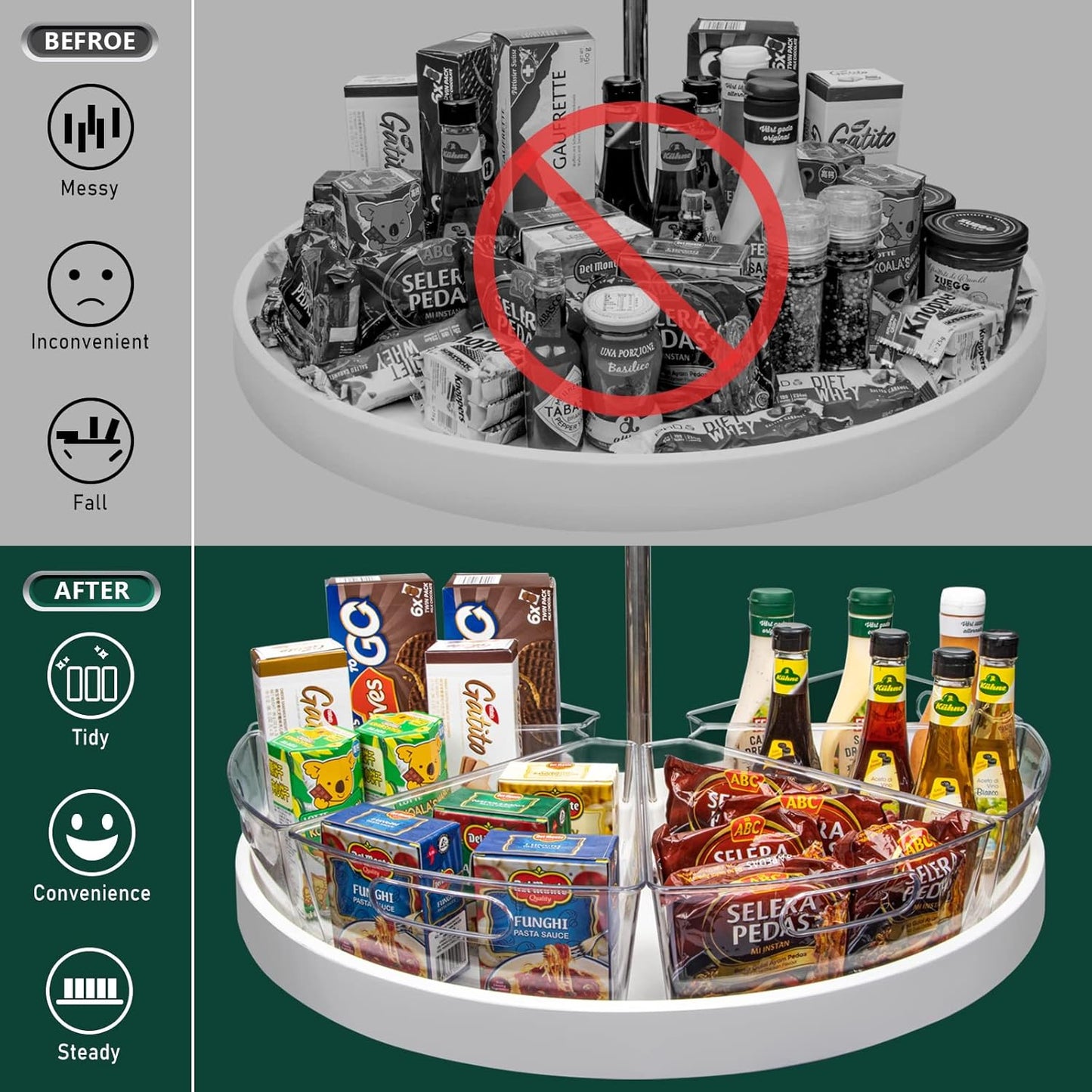 Lazy Susan Cabinet Organizer Bins for 26"/ 28"/ 32" Diameter Corner Organizer, Plastic Cabinet Storage Bin, 1/8 Wedge - Food Safe, BPA Free, with Non-Slip Pads (For 26" Diameter, 6 Pack)