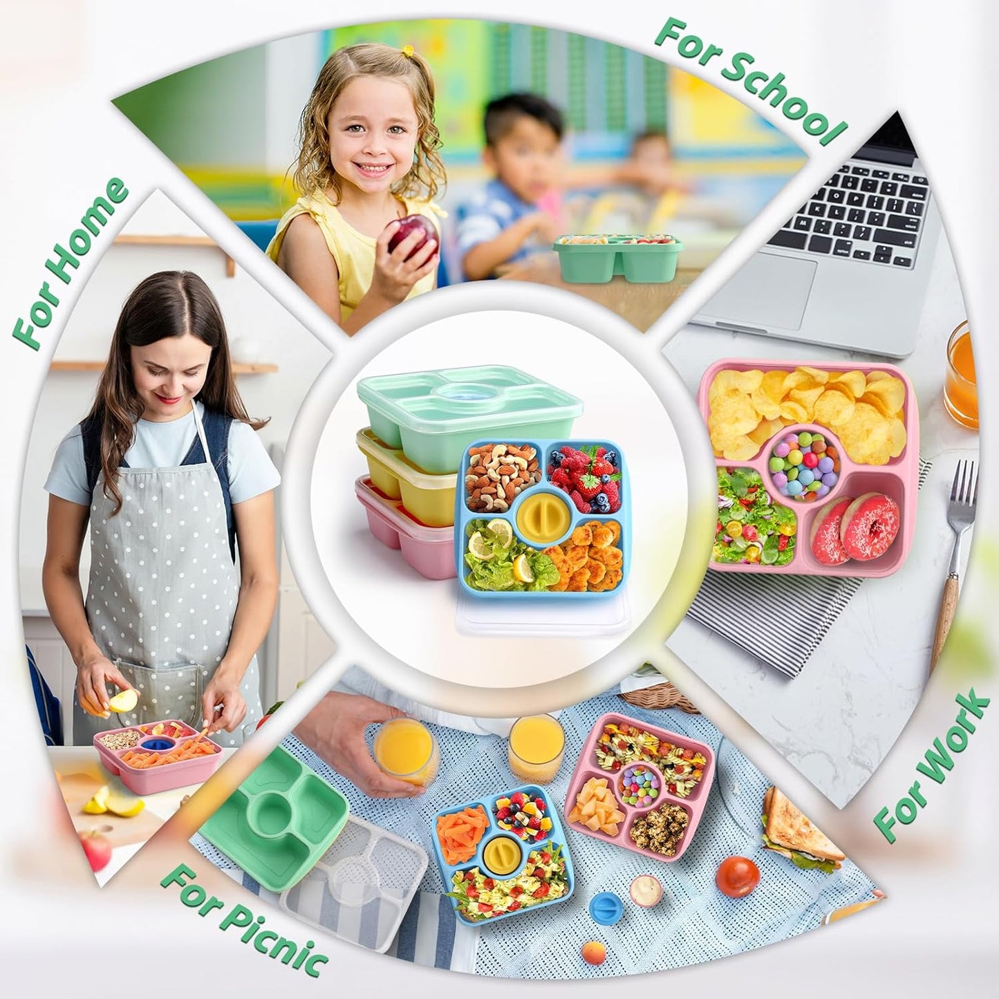 Bento Snack Box Containers for Adults Kids, 4 Pack Lunchable Meal Prep Containers Reusable, Stackable Bento Lunch Box, Food Storage Prep Containers with Lids and 4 Sauce Cups, Pastel Color, Clear Lid