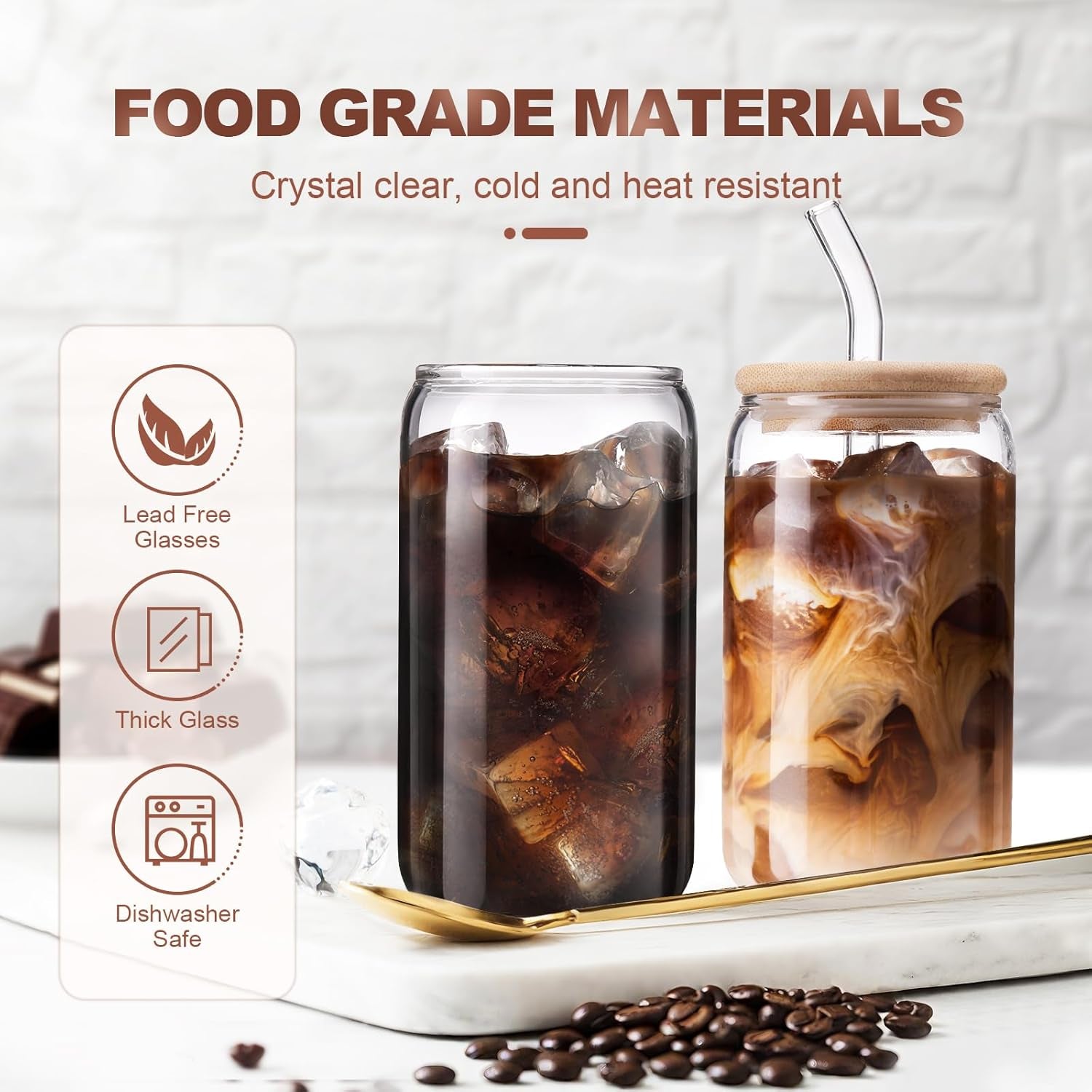 Iced Coffee Cups with Lids 2 Pcs,16 Oz Glass Cups with Lids and Straws as Coffee Bar Accessories,Beer Drinking Glasses,Reusable Glass Tumbler,Cute Coffee Cups for Coffee, Juice, Gifts