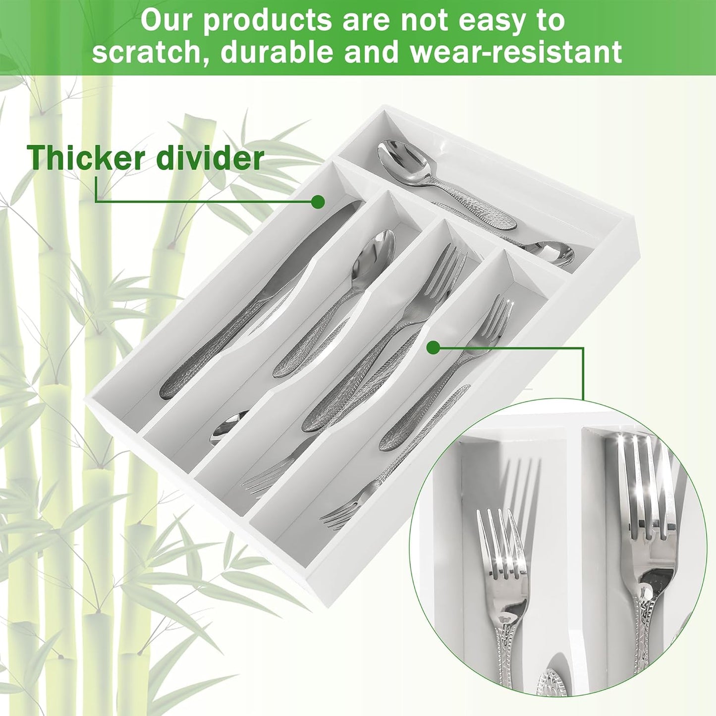 White Silverware Organizer 10 in Utensil Organizer Silverware Tray for Drawer Cutlery Flatware Organizer for Kitchen Bamboo Wood
