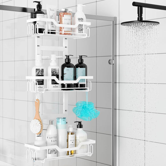 White over the Door Shower Caddy, 4-Tier Black Shower Head Rack Shelves, Home Decor Bathroom Accessories Organization, Shampoo Soap Holder