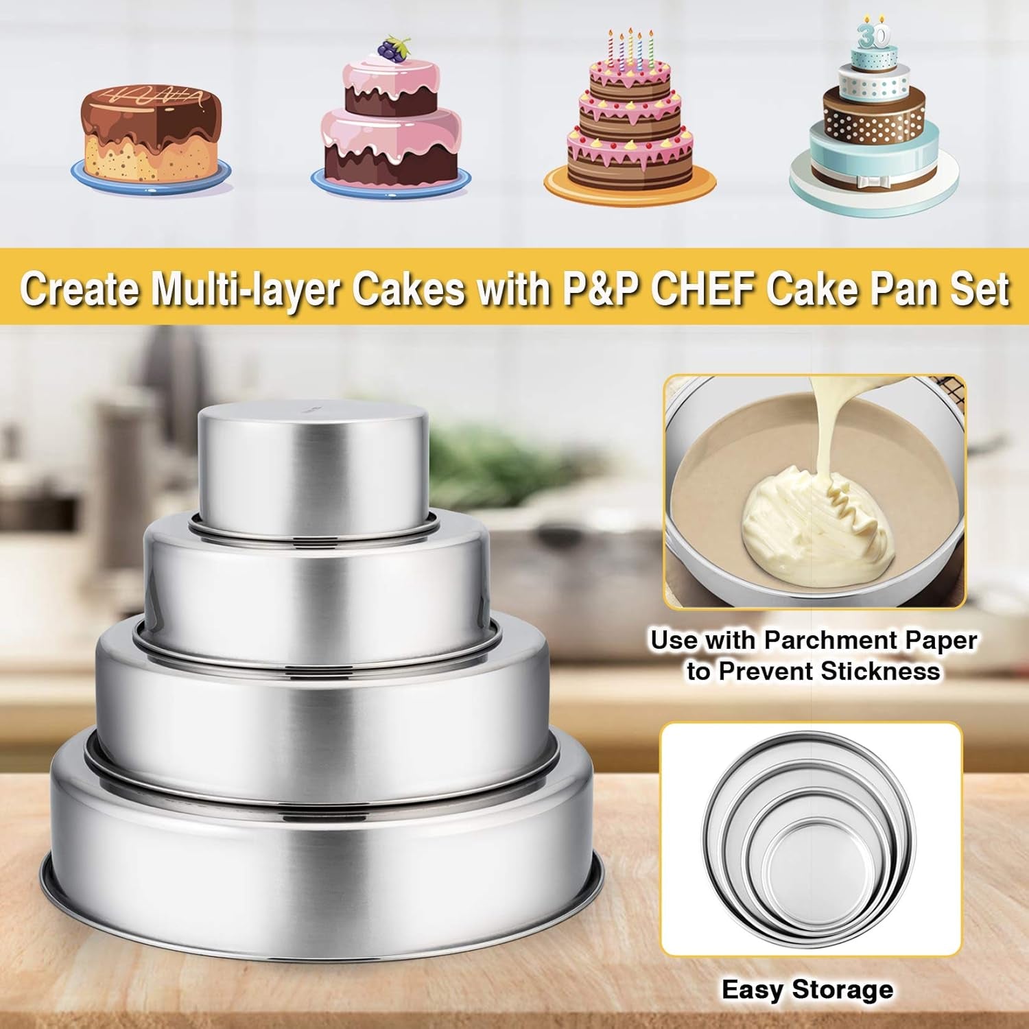 Cake Pans Sets for Baking, 4" + 6" + 8" + 9.5" 4 Piece Stainless Steel round Cake Pans Tin, Oven/Pot/Dishwasher Safe, Combination of Different Sizes, Leak-Proof & Easy Clean