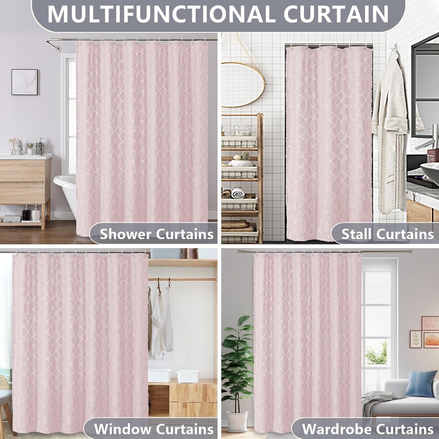 Blush Stall Shower Curtain Set 36X72 Inches, Jacquard Geometric Textured Tufted Fabric Shower Curtains for Bathroom, Boho Half Size RV Shower Curtains with 12 Plastic Hooks