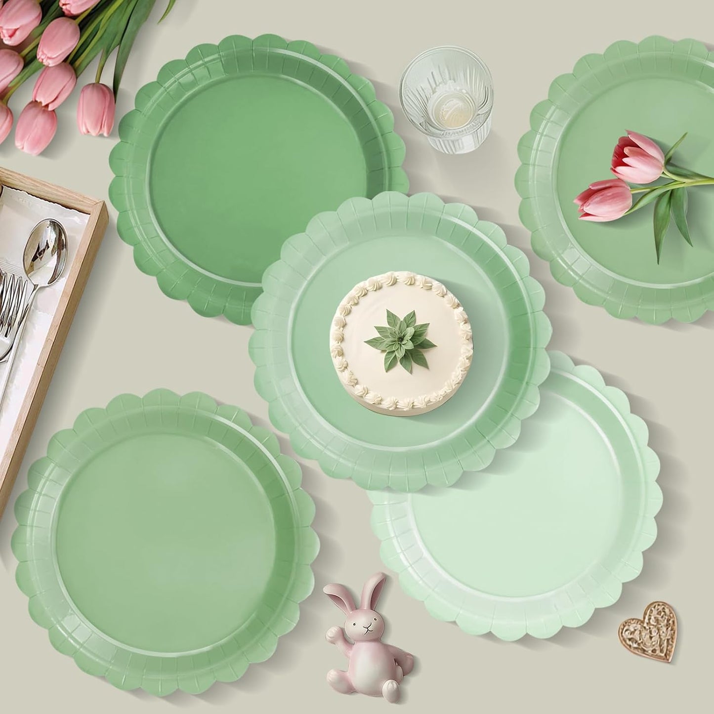 24 Pcs Sage Green Paper Plates Gradient Green Party Plates 7”Disposable round Dessert Plates for Birthday Wedding Bridal Engagement Baby Shower Party Supplies Dessert Plates Tableware