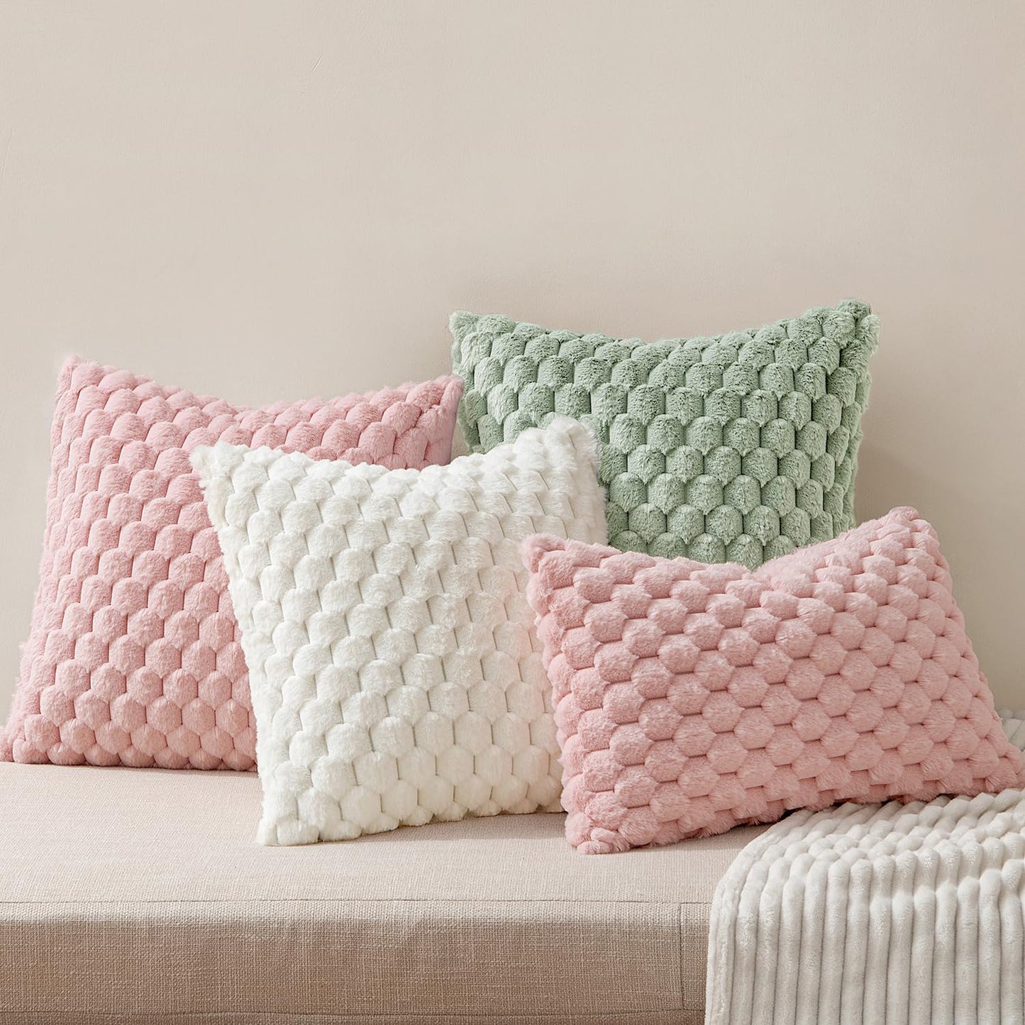 Pink Faux Fur Decorative Throw Pillow Covers 18X18 Inch Set of 2 Super Soft Cozy Plush Cushion Cases Luxury Fluffy Pillowcases for Sofa Couch Bed Living Room