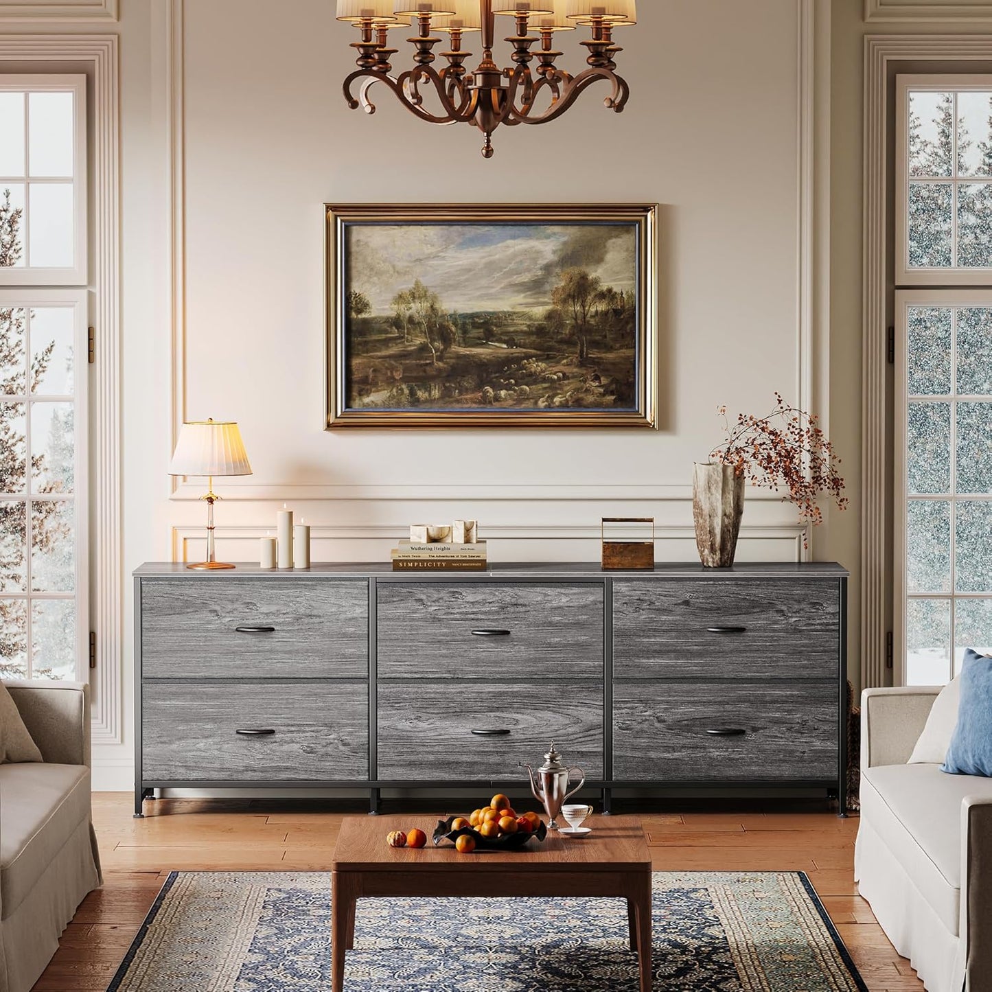 63-Inch Dresser and TV Stand Combination for Bedrooms, Accommodates 55 to 70 Inch TVs, Features 6 Fabric-Drawer Storage Solution, Ideal for Bedroom and Entryway, Grey Finish