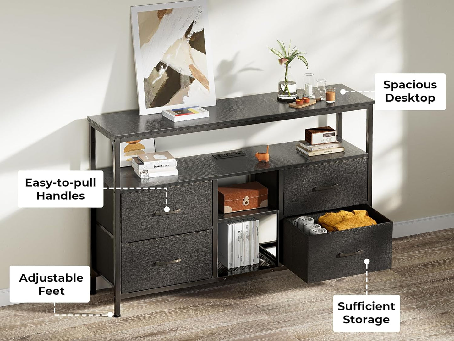 TV Stand Dresser with Integrated Power Outlets and LED Lighting, 4-Drawer Entertainment Center with Open Shelf, Media Console for 43-50 Inch TVs, Black PU Finish