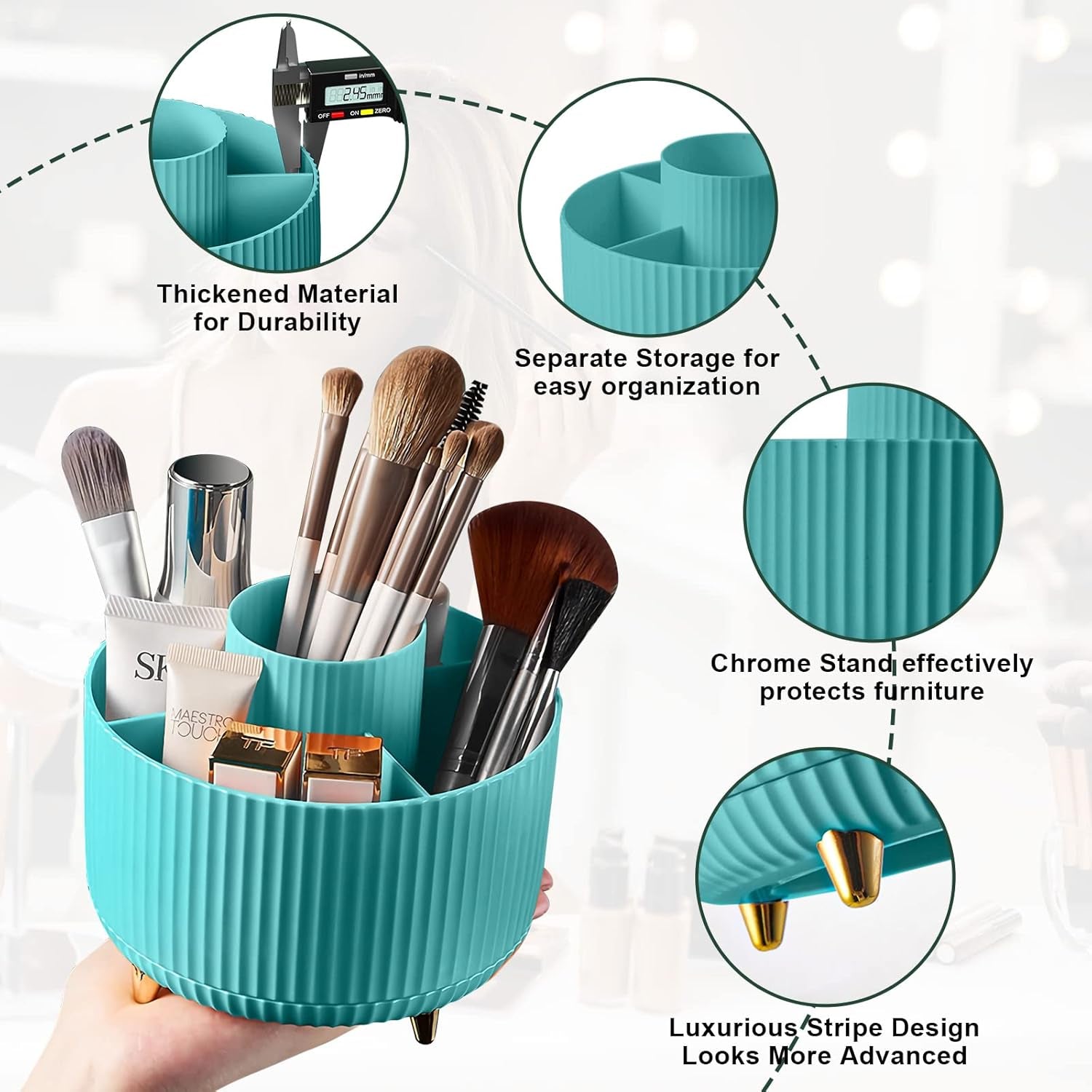 360 Rotating Makeup Brush Organizer with 5 Sections, Spining Countertop Swivel Makeup Brush Holder for Cosmetics, Nail Polish, Art Supply, Bathroom Vanity Desktop Organizer - Blue