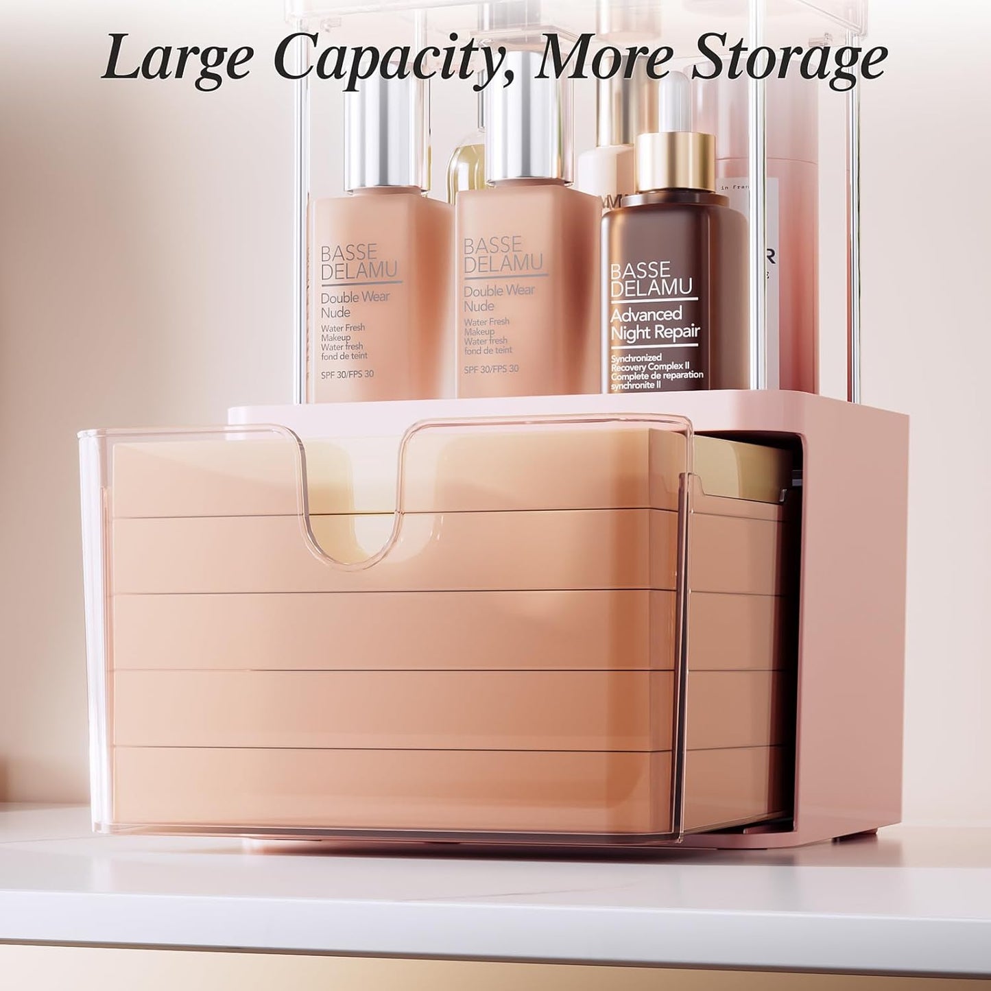 Makeup Organizer Countertop, 3-Tier Vanity Organizer with Large Drawers and Top 6-Grid Section, Suitable for Bathroom Counter, Dresser, Storage for Cosmetics, Skincare, Perfume, Lipstick, Pink