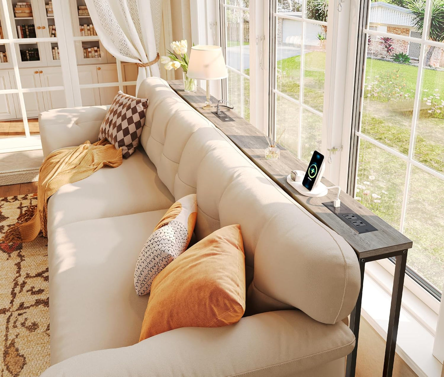 78.8-Inch Narrow Console Table Set of 2 with Charging Station, Oak Finish, Ideal for Living Room and Entryway