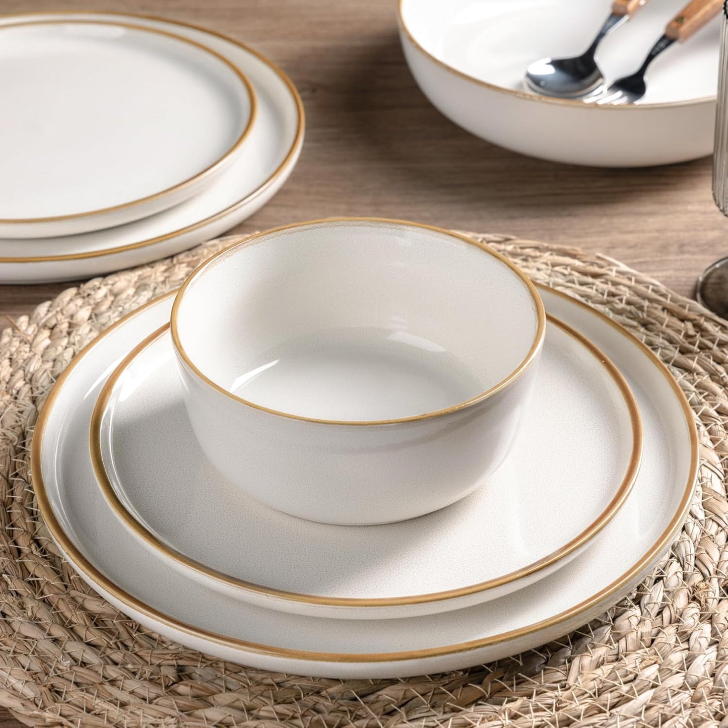 Ceramic Dinnerware Set for Four - 12-Piece Stoneware Plate and Bowl Collection, Scratch-Resistant, Dishwasher and Microwave Safe, Reactive Glaze Finish in White