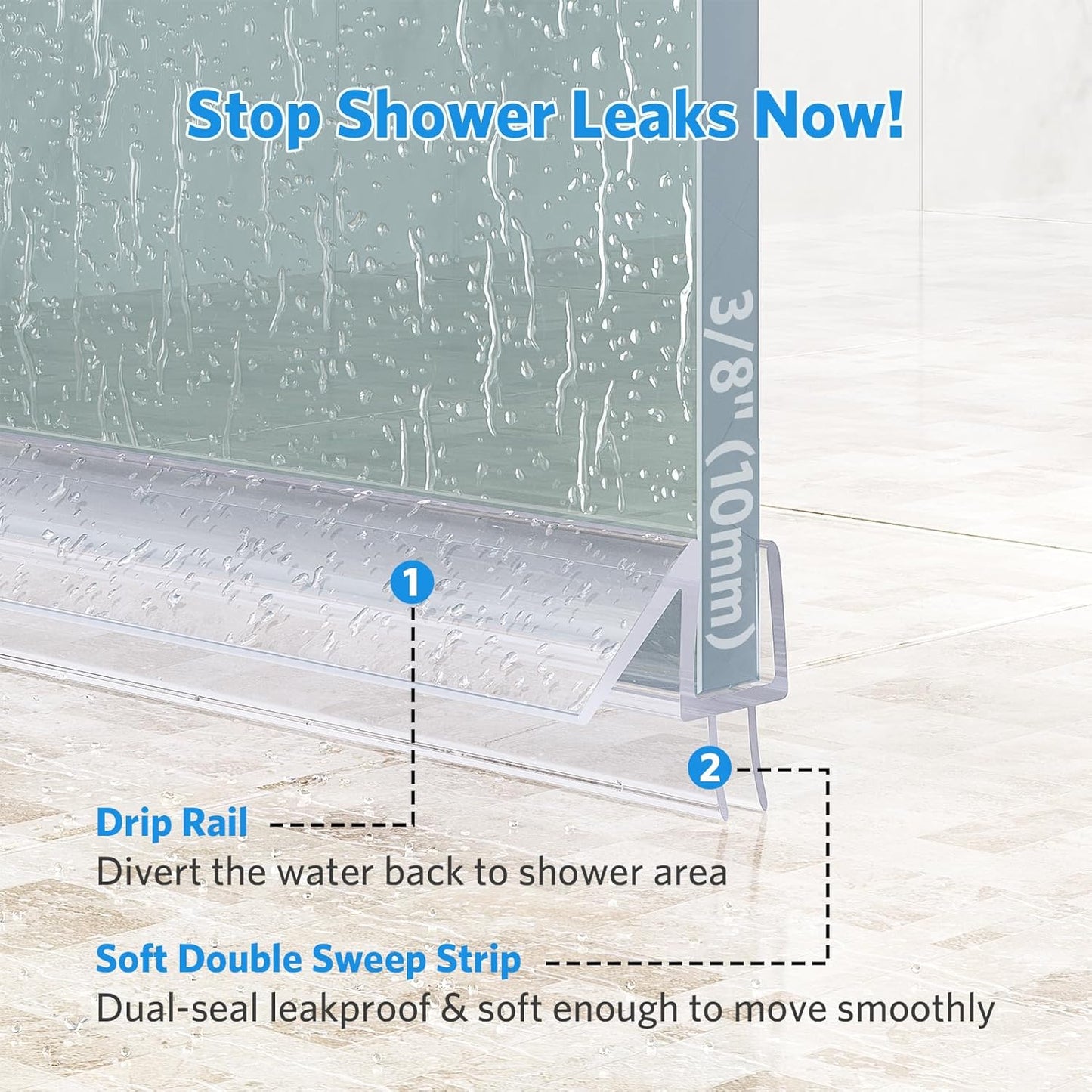 Shower Door Bottom Seal, 3Pack Shower Door Sweep Strip, Frameless Glass Doors Seal Strip for 3/8'' (10Mm) Thick Doors, Showers Water Guard & Barrier - Stop Water Leakage, 39.3'' X 0.39''