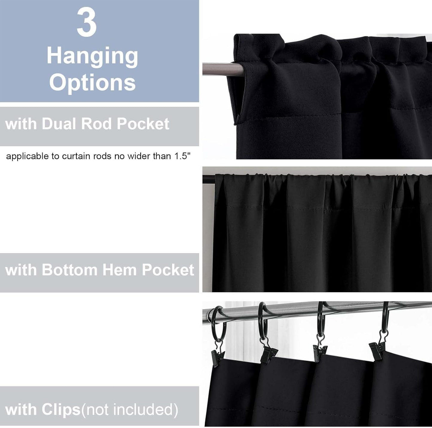 Short Black Out Curtains 36 Inch Length, Small Blackout Curtain Tier Thermal Insulated Half Window Curtains for Kitchen Basement Cabinet Camper RV Bunk, 2 PCS, Each 30" Wx36 L, Black