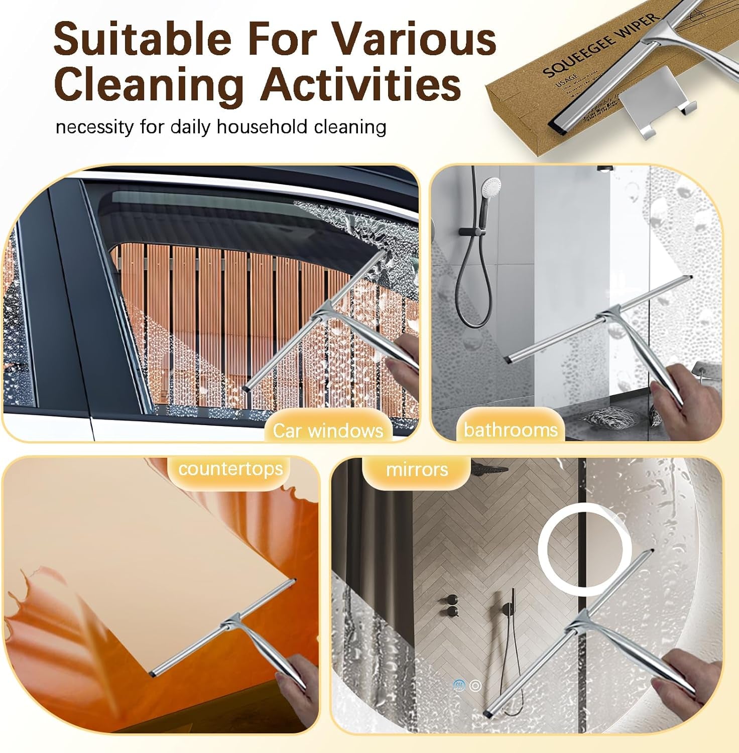 Shower Squeegee for Glass Doors, Stainless Steel Squeegee for Shower Glass with Adhesive Hook, 10’’ Multi-Purpose Window Squeegee for Window Cleaning, Bathroom, Glass, Car Windows, Mirrors, Tiles