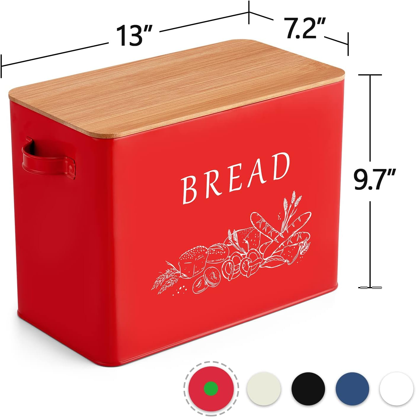 Bread Box for Kitchen Counter, Metal Bread Storage Bin with Wooden Cutting Lid, Large Capacity for Holding 2+ Loaves, Retro Modern Style, Size 13” X 7.2” X 9.7”, Red