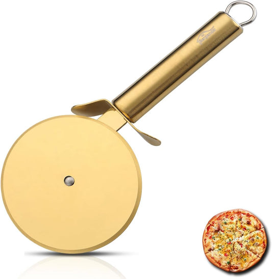 Gold Titanium-Plated Stainless Steel Pizza Cutter - Ultra Sharp Pizza Wheel and Pastry Slicer, Easy to Clean and Store
