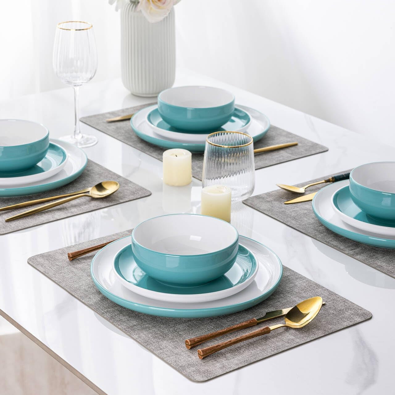 12-Piece Modern White Ceramic Dinnerware Set for Four, Scratch-Resistant Plates and Bowls, Oven Safe, Microwave and Dishwasher Compatible
