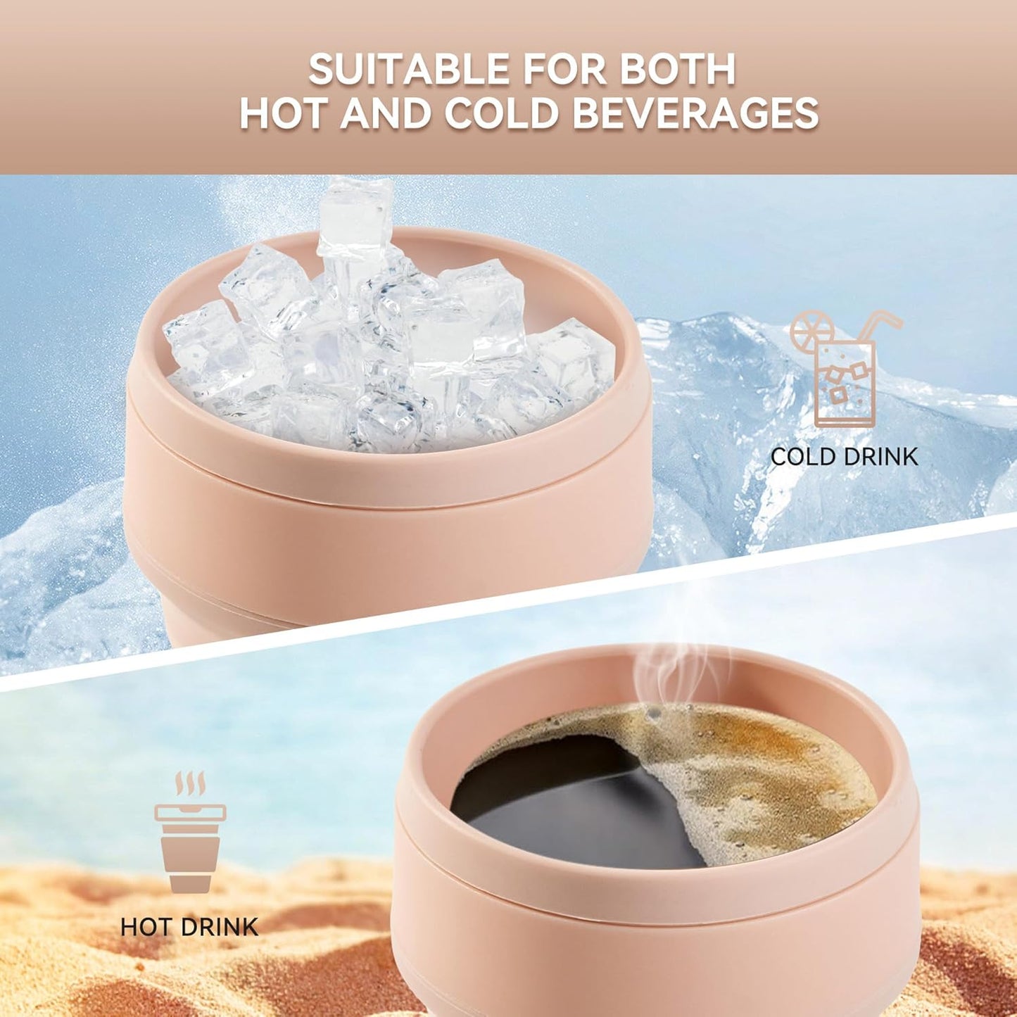 12Oz Collapsible Cup for Traveling, Collapsible Silicone Travel Cup for Hot and Cold Drinks, Leak Proof Silicone Folding Travel Coffee Mug for Camping & Hiking, BPA Free Pink
