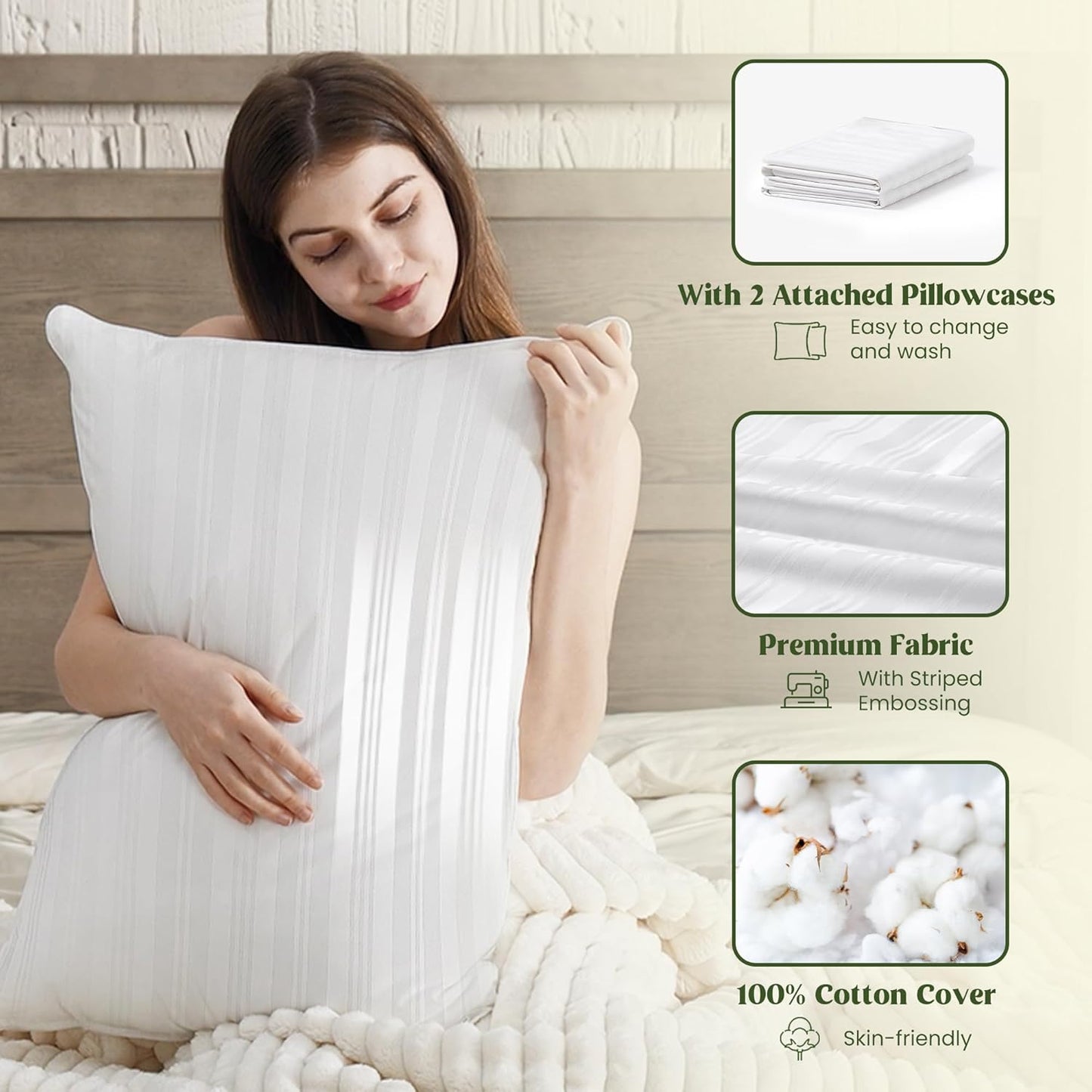 ® Goose Feathers and down Pillows with Gusseted 2 Outer Protectors, Cotton Fabric, White, Standard/Queen Size, Set of 2