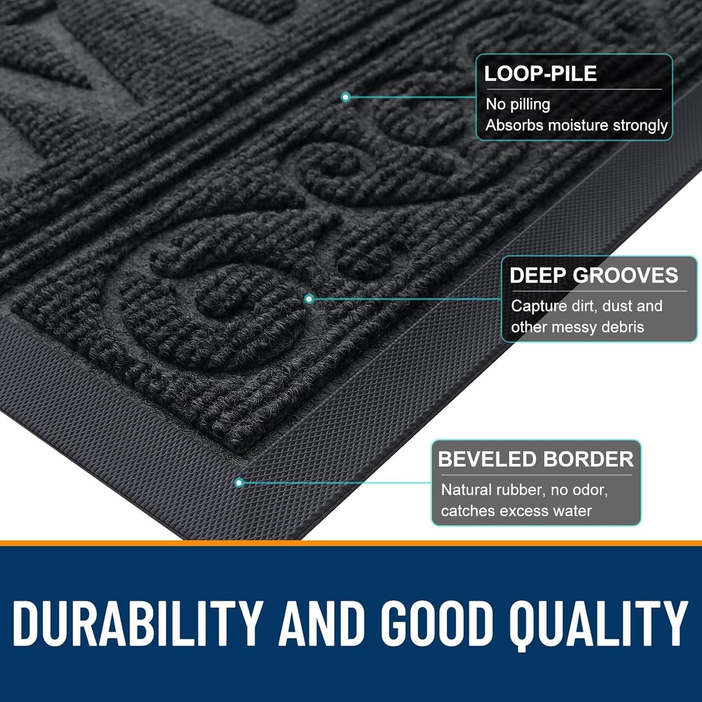 Welcome Door Mat Indoor Outdoor Entrance, Heavy Duty Sturdy Front Door Mat, Waterproof All-Weather Doormat, Stain Resistant, Low Profile, Easy Clean Patio Entryway Mat, 29.5 X 17, Black