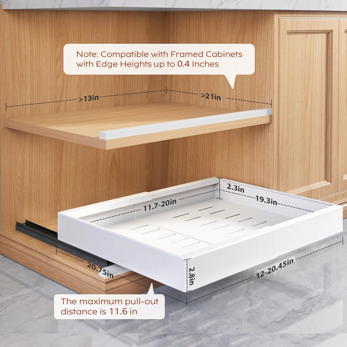 2-Pack 21" Deep Pull-Out Cabinet Organizers with Raising Pad for Framed Cabinets, Expandable Slide-Out Drawers with 3 Slide Rails, Adhesive Roll-Out Shelves, Adjustable Width 12"-20.45", White